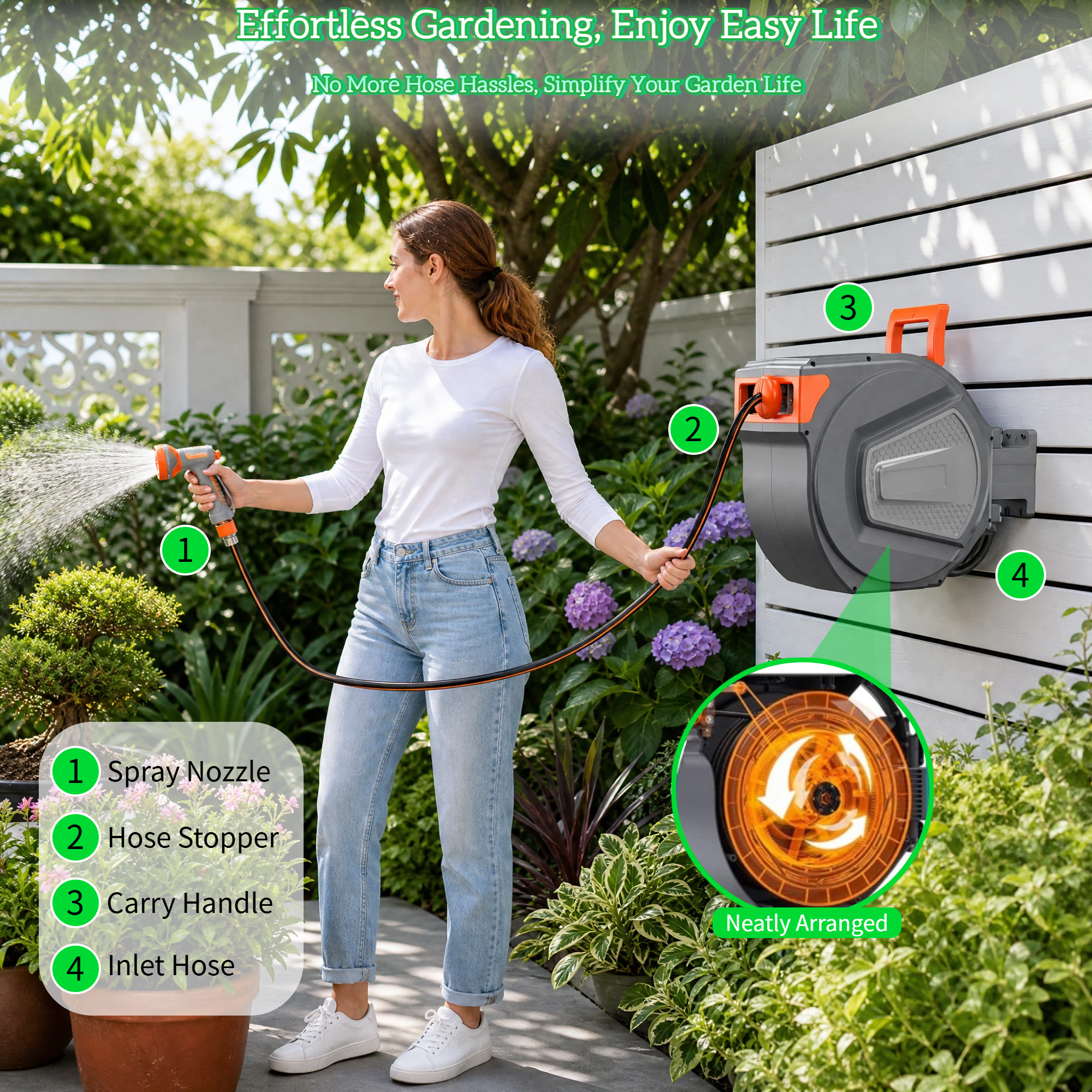 Retractable Garden Hose Reel 65ft, Wall Mount Auto-Rewind Water Hose Reel with 1/2" Anti-Kink Hose, 180° Swivel, Any-Length Lock, 9-Pattern Nozzle for Outdoor Yard & Patio
