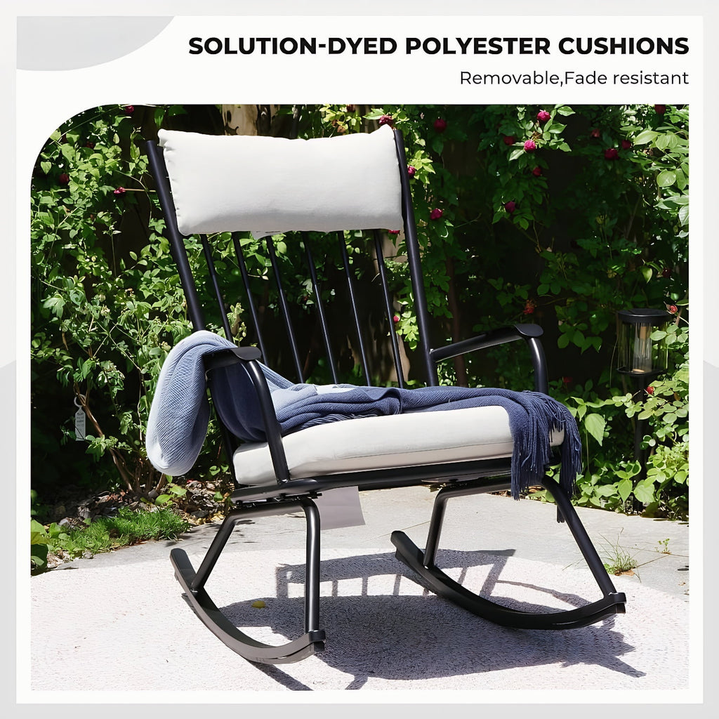 3-PieceOutdoor Rocking Chairs Set for 2 with Thick Cushions and 18-inch Small Round Table, Steel Patio Conversation Set for Backyard, Porch, Deck - Easy Assembly (Black)