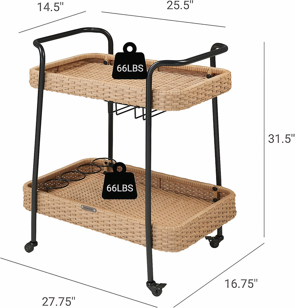 2-Tier Rolling Bar Cart with Wheels, Outdoor Indoor Rattan Beverage Serving Cart with Stemware Rack, Mobile Kitchen Utility Cart for Patio Garden Deck Party, Natural Color