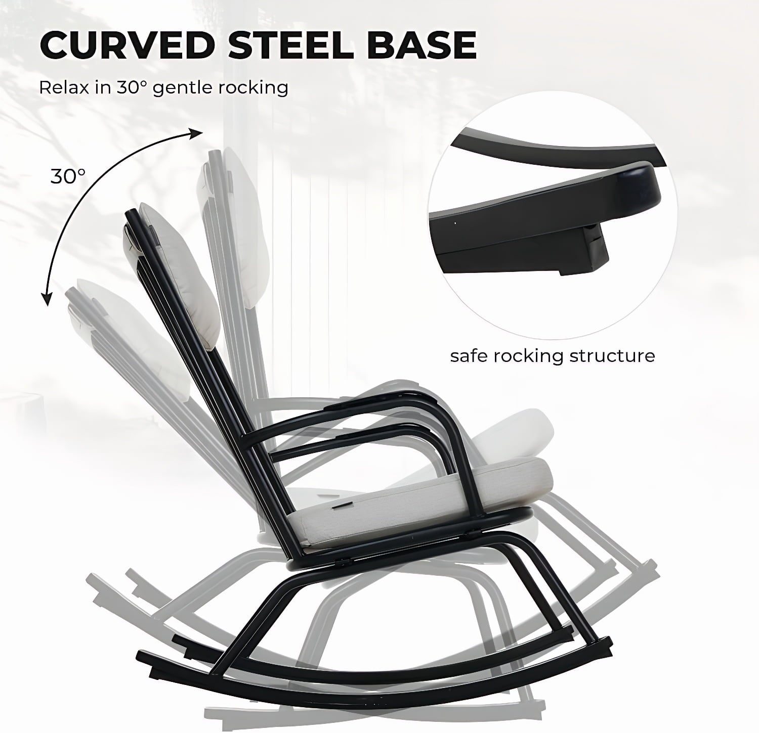 3-PieceOutdoor Rocking Chairs Set for 2 with Thick Cushions and 18-inch Small Round Table, Steel Patio Conversation Set for Backyard, Porch, Deck - Easy Assembly (Black)