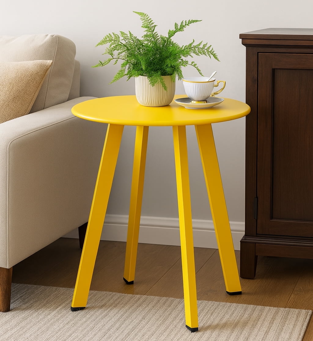 Small Side Table – Indoor & Outdoor Steel Powder Coated Round Patio Table with Square Legs for Patio, Living Room, Bedroom, Yellow