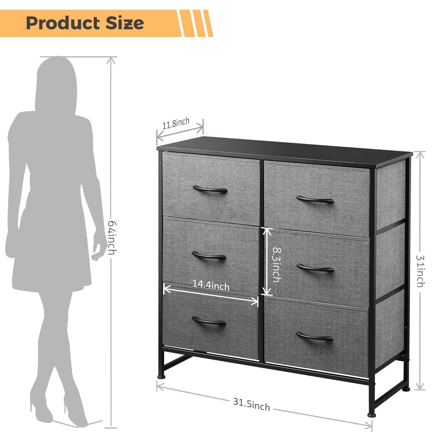 6 Drawers Dresser, Fabric Storage Closet Chests Organizer Tower with Wooden Top Metal Frame for Bedroom Living Room Hallway Entryway, Grey