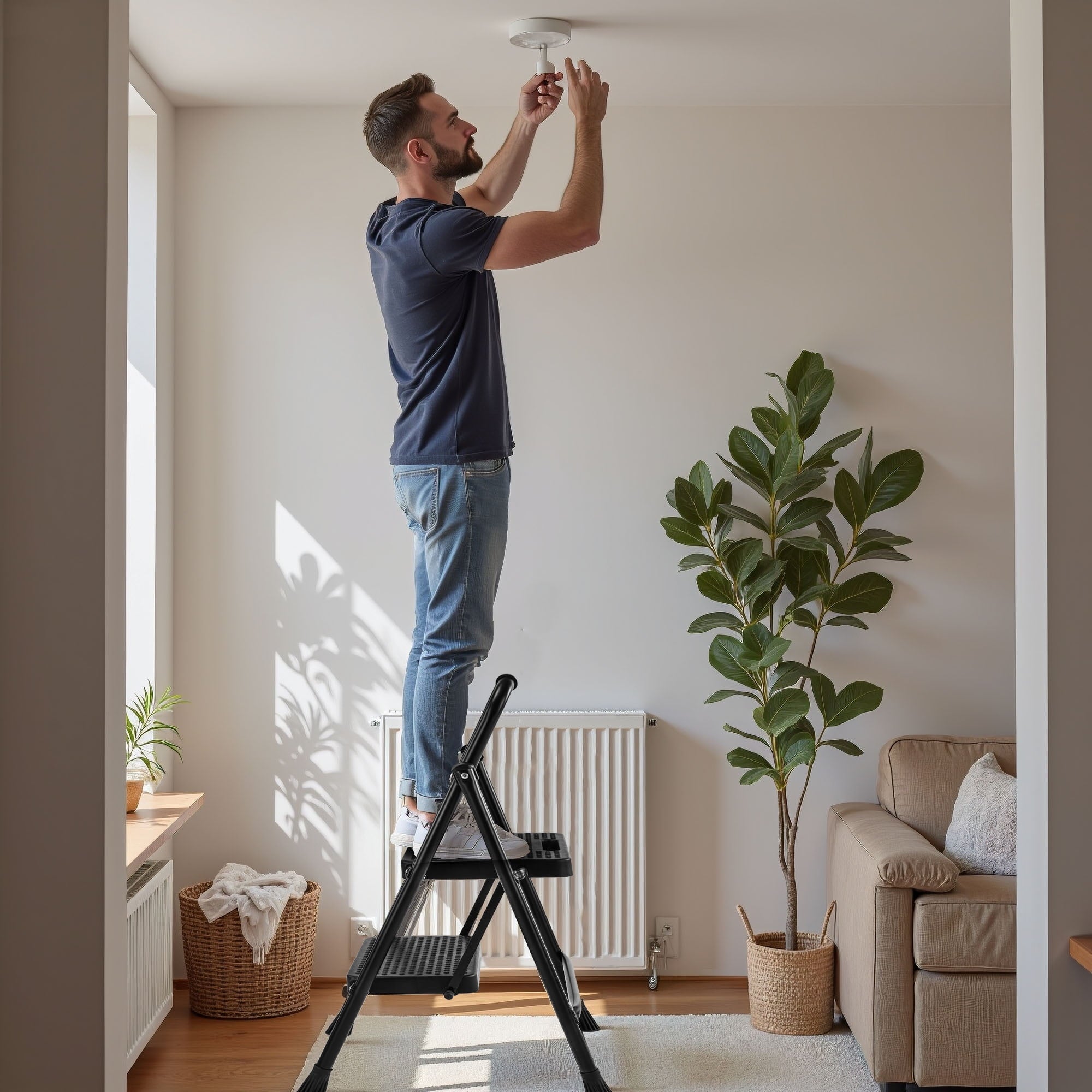 Heavy Duty 800lbs 2-Step Folding Ladder, Sturdy Steel Step Stool with Wide Anti-Slip Pedals, Lightweight Portable Ladder for Home, Kitchen, Garage
