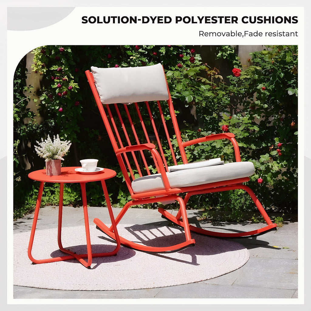 3-PieceOutdoor Rocking Chairs Set for 2 with Thick Cushions and 18-inch Small Round Table, Steel Patio Conversation Set for Backyard, Porch, Deck - Easy Assembly Red