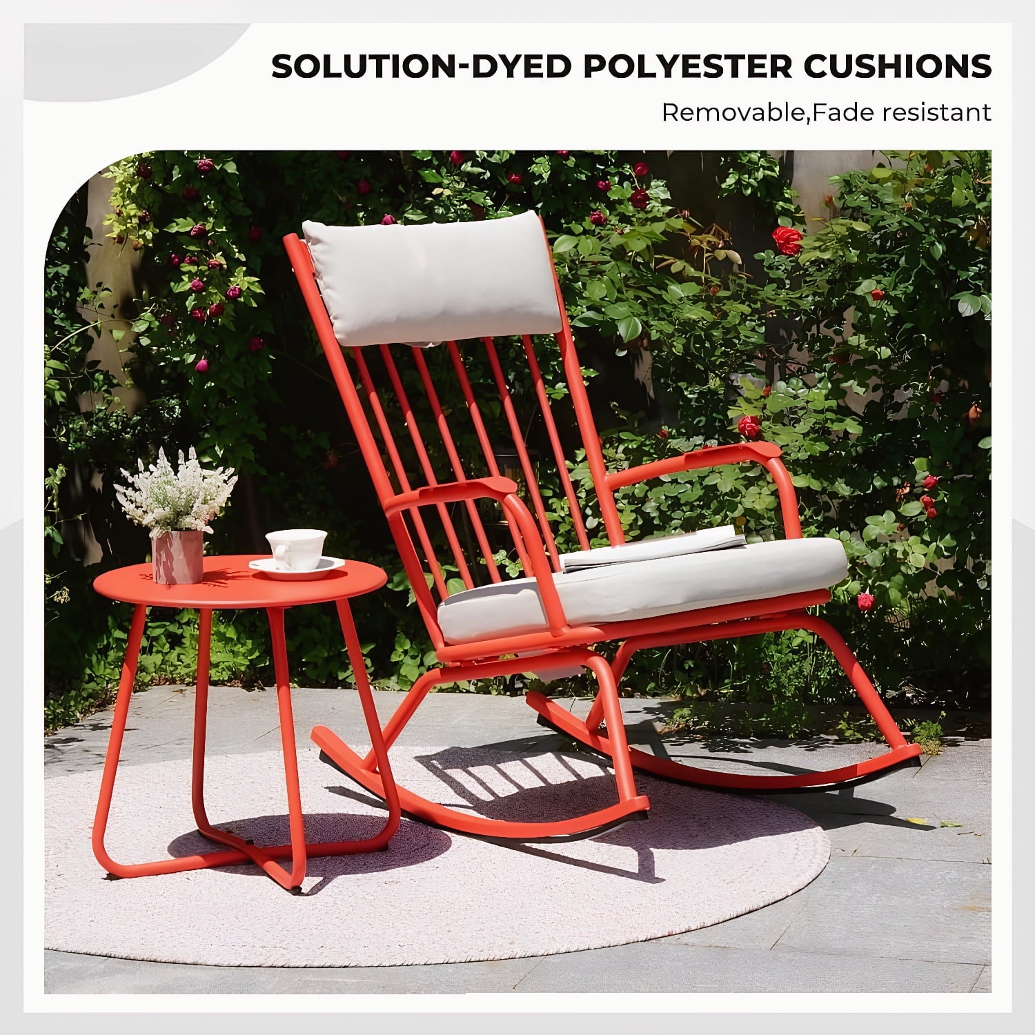 3-PieceOutdoor Rocking Chairs Set for 2 with Thick Cushions and 18-inch Small Round Table, Steel Patio Conversation Set for Backyard, Porch, Deck - Easy Assembly Red