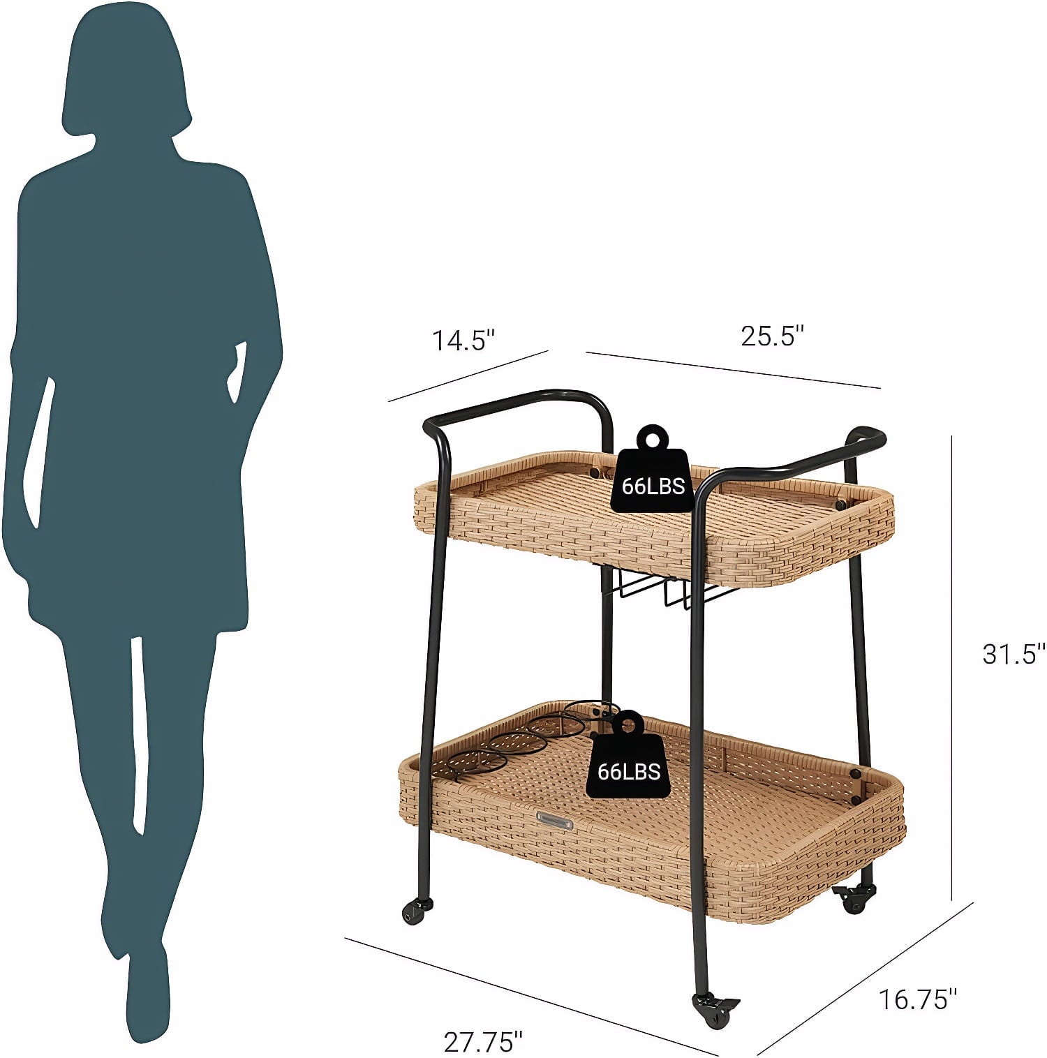 2-Tier Rolling Bar Cart with Wheels, Outdoor Indoor Rattan Beverage Serving Cart with Stemware Rack, Mobile Kitchen Utility Cart for Patio Garden Deck Party, Natural Color