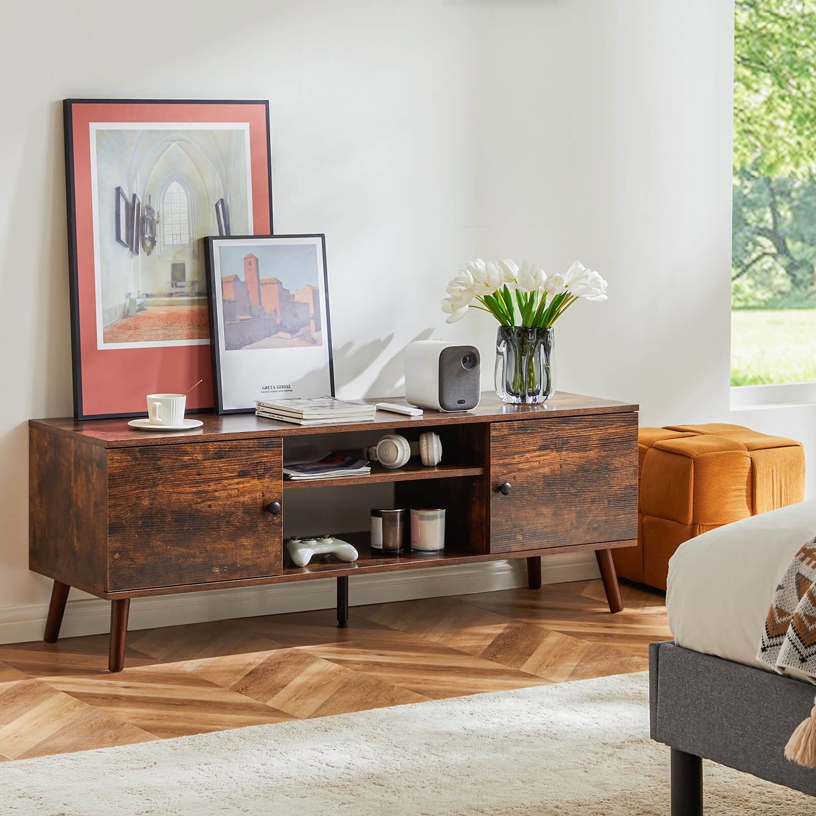 Wooden TV Stand for 55 60 inch TV, Mid-Century Modern Media Console wi ...