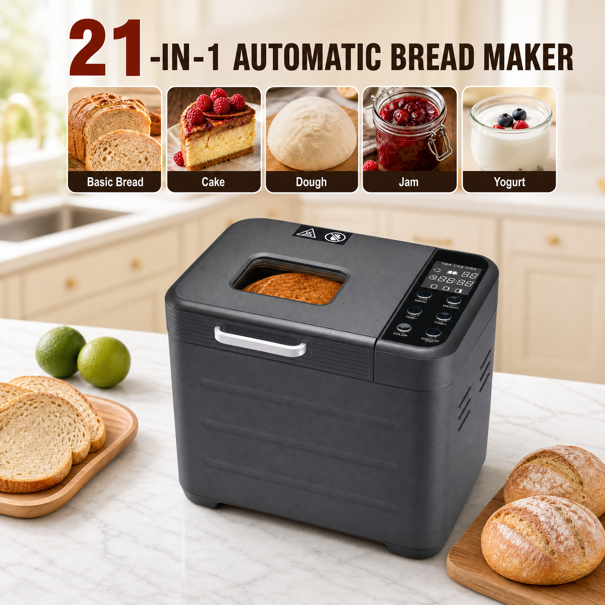 Roomisland Bread Maker Machine 21-in-1, 2LB Automatic Bread Machine with 360°Powerful Circulation Baking, Auto Nut Dispenser, 3 Loaf Sizes, Smart Touch Panel