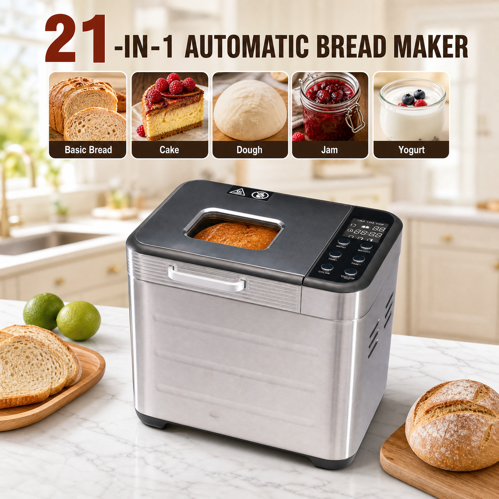 Roomisland Bread Maker Machine 21-in-1, 2LB Automatic Bread Machine with 360°Powerful Circulation Baking, Auto Nut Dispenser, 3 Loaf Sizes, Smart Touch Panel