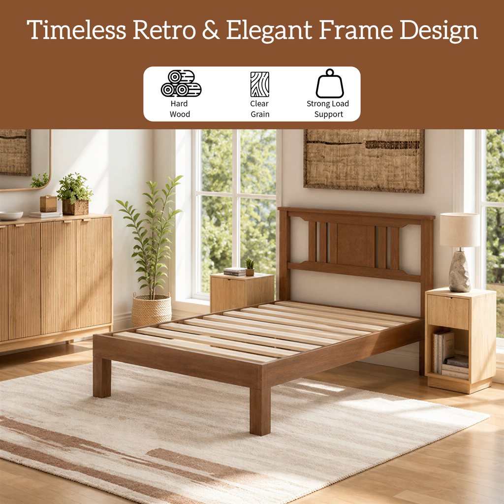 Roomisland Twin Size Platform Bed Frame with Headboard, 12 Inch Heavy Duty Wooden Bed Frame, No Box Spring Needed, Under Bed Storage, Easy Assembly, Walnut