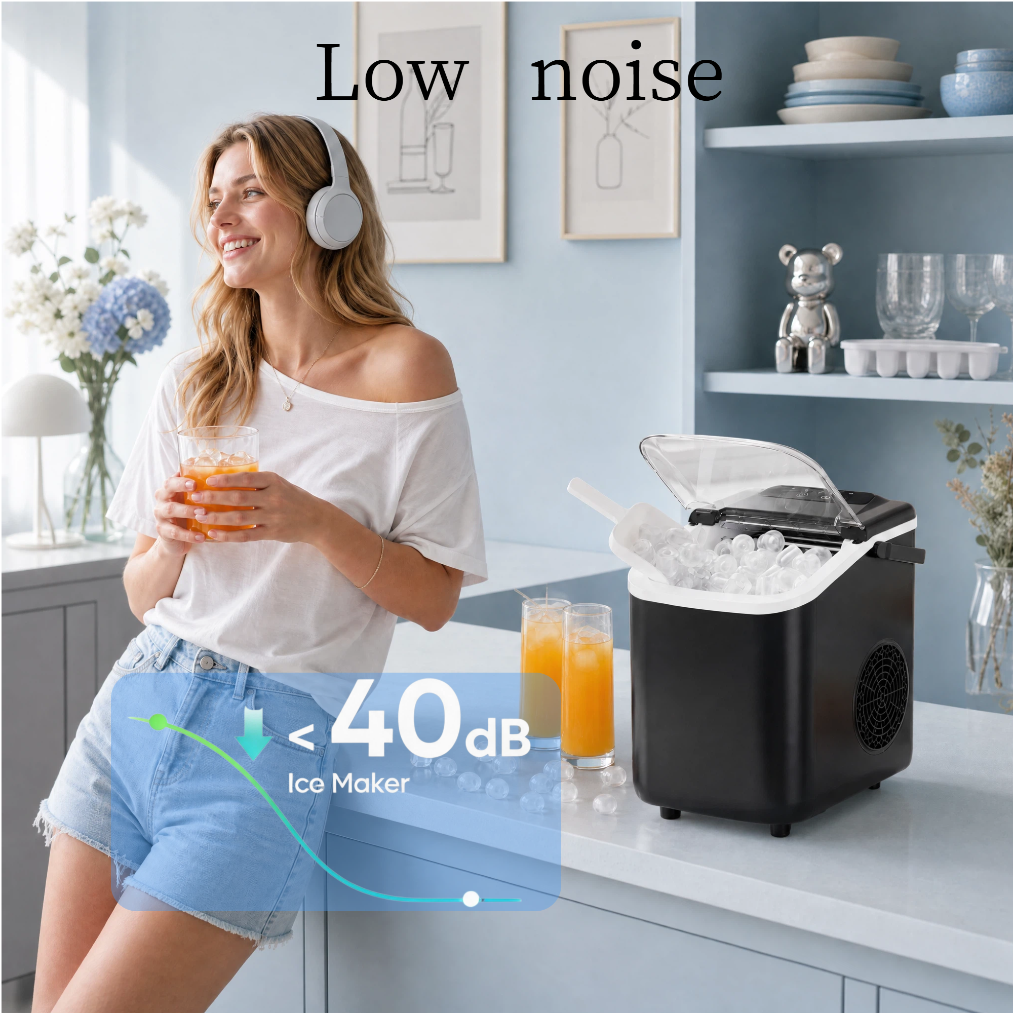 Roomisland Countertop Ice Maker, Portable Ice Machine with Handle, Basket & Scoop, 26Lbs/24H, 9 Bullet Ice Cubes in 6-8 Mins, Auto-Cleaning Silent Ice Maker for Home, Kitchen, RV Camping Outdoor