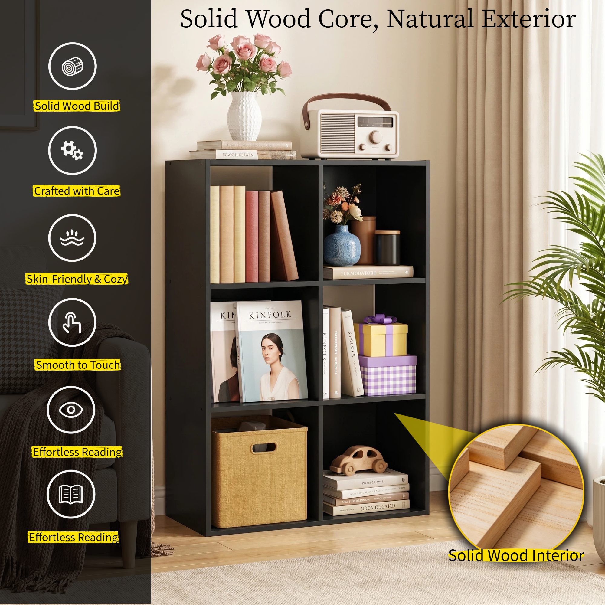 Roomisland 6 Cube Storage Organizer, Wood Bookshelf with Removable Back Panels, Open Cubby Shelf for Home Office Bedroom Living Room, Vertical or Horizontal