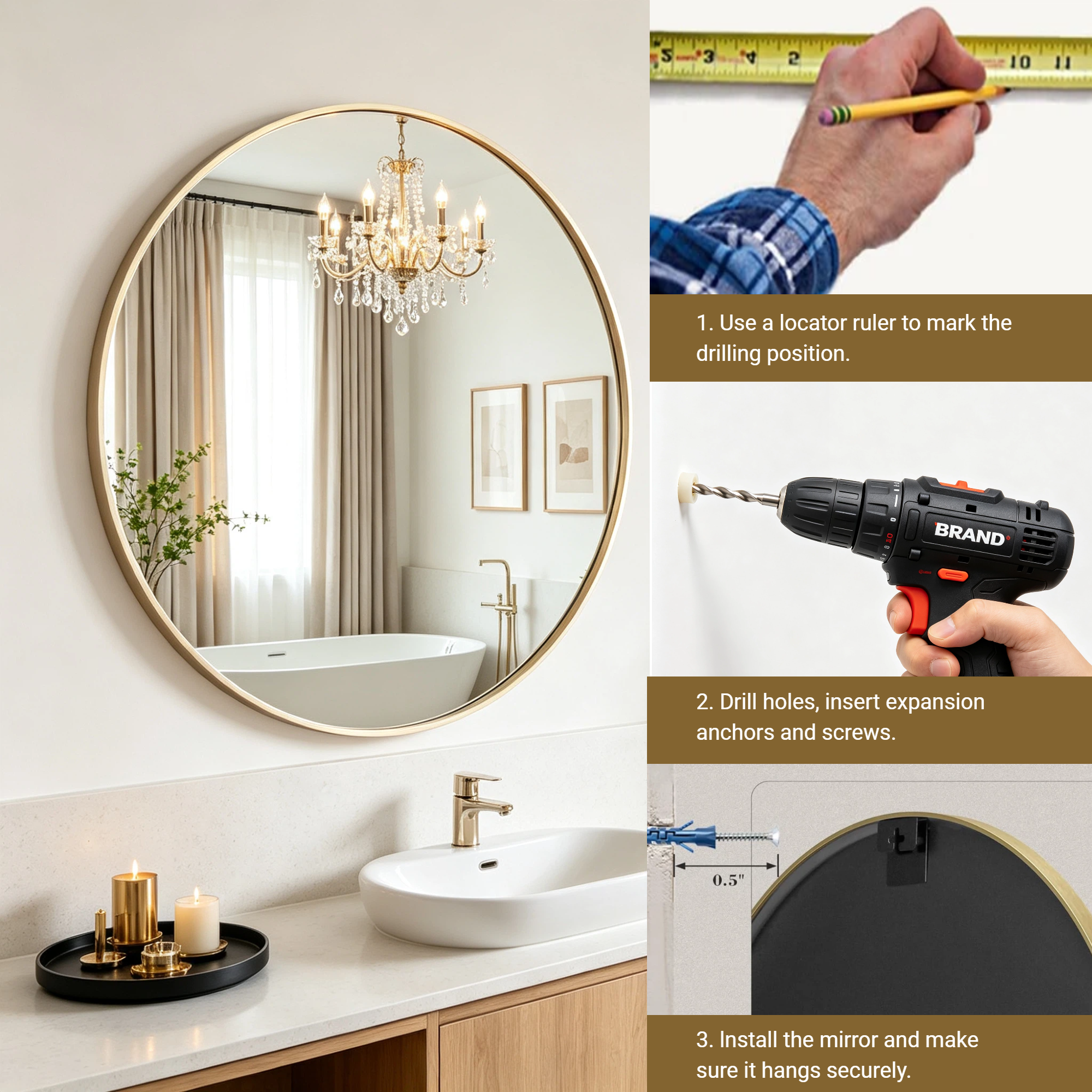 Round Bathroom Mirror, 24 Inch Large Circle Vanity Mirror with Anti-Rust Aluminum Frame, Modern Wall Mounted Mirror for Bedroom, Living Room, Wall Decor