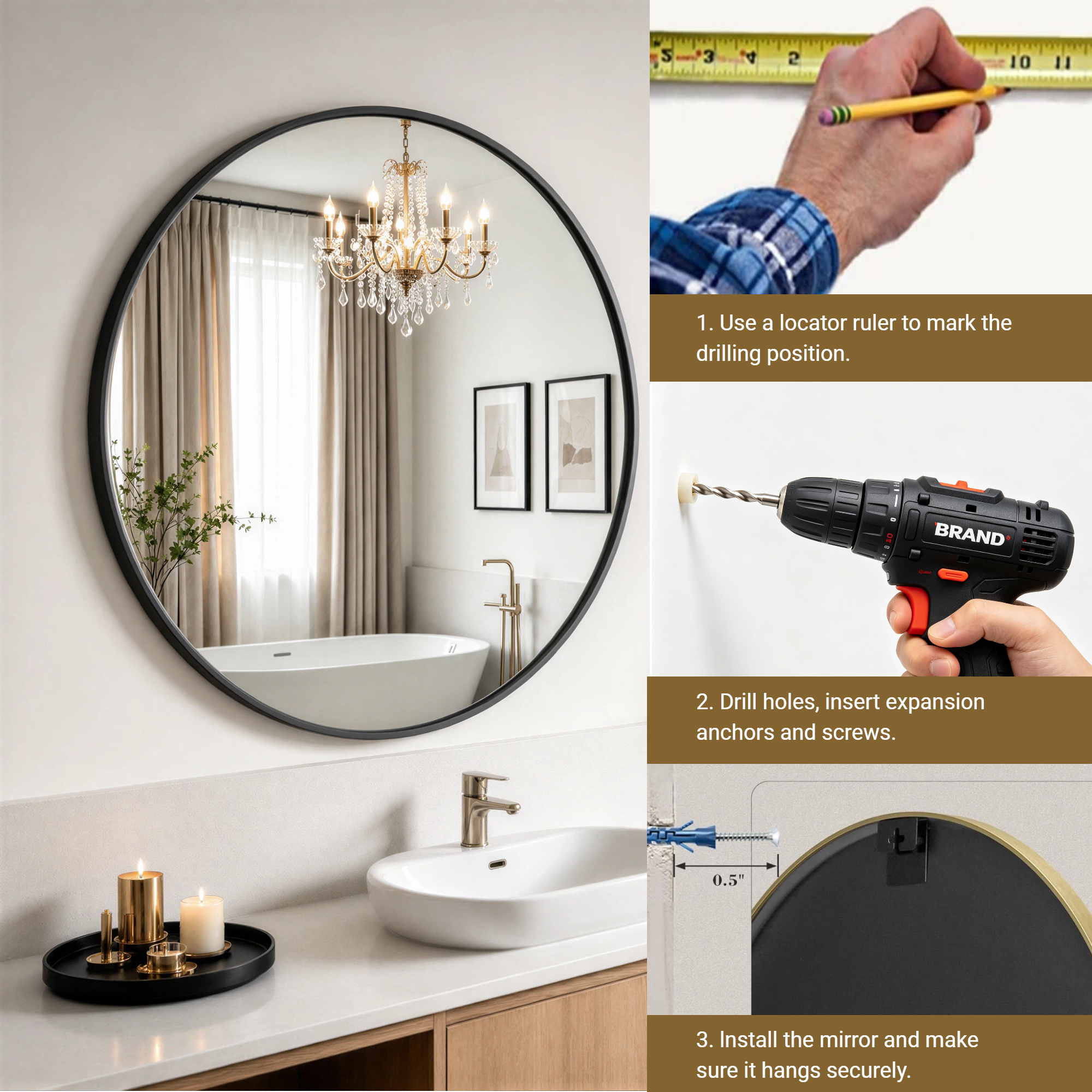 Round Bathroom Mirror, 20 Inch Large Circle Vanity Mirror with Anti-Rust Aluminum Frame, Modern Wall Mounted Mirror for Bedroom, Living Room, Wall Decor