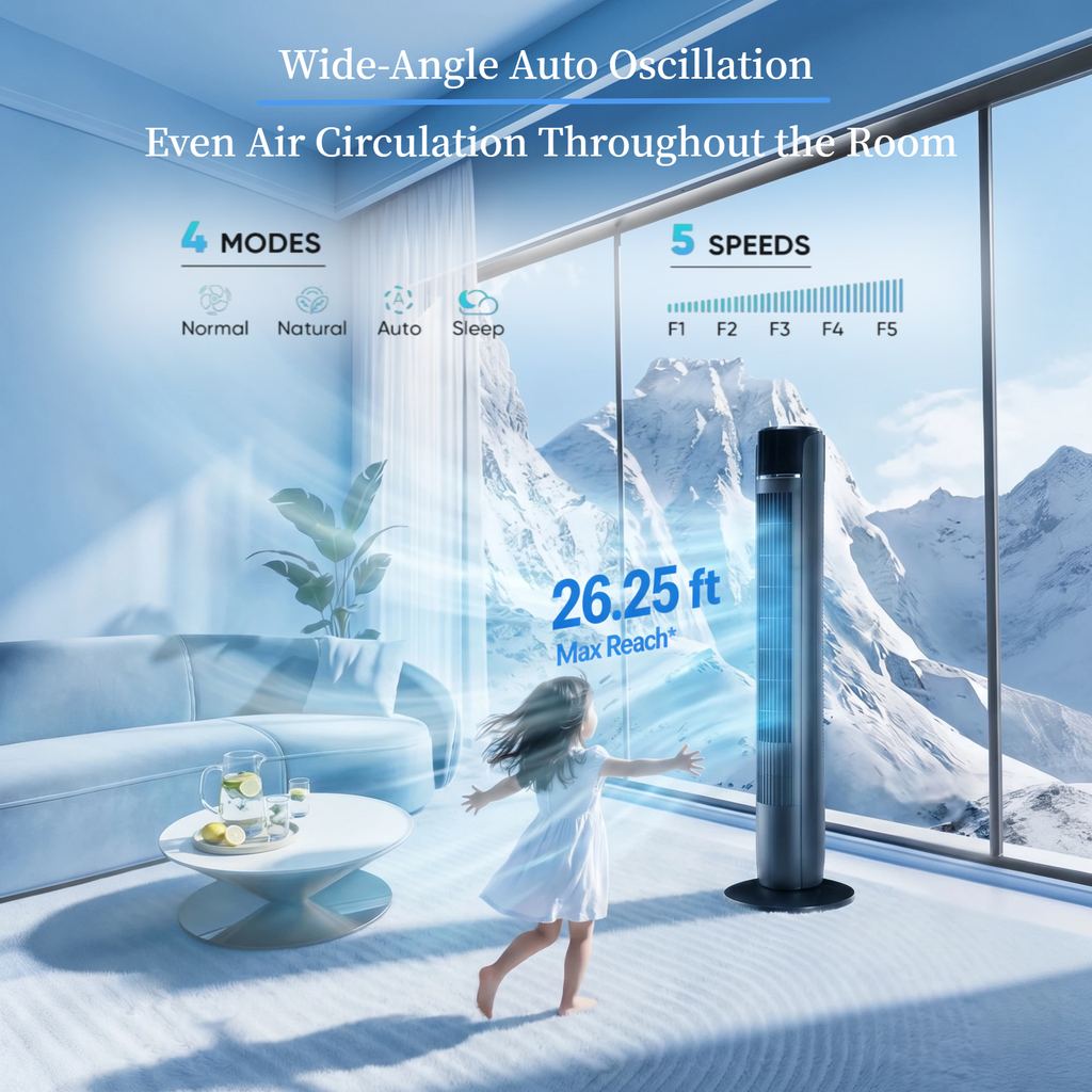 Roomisland 36" Quiet Tower Fan, Standing Bladeless Floor Fan with 60° Oscillation, 25ft Air Delivery, LED Display, 12 Hour Timer, 5 Speed 4 Mode Cooling Fan with Remote