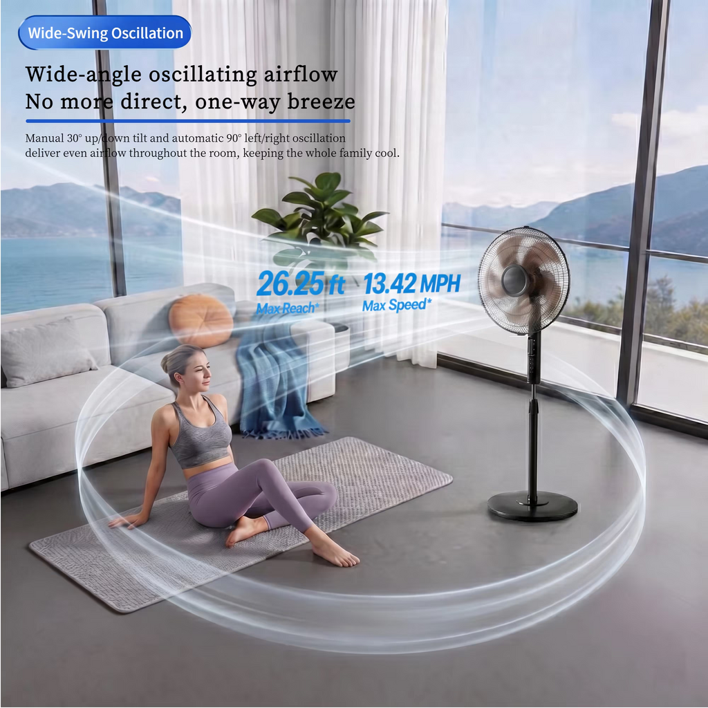 Roomisland 17" Oscillating Pedestal Fan with Remote, Quiet Standing Fan with Timer for Bedroom, 3 Speeds & 3 Modes, Adjustable Height, High Power Floor Fan