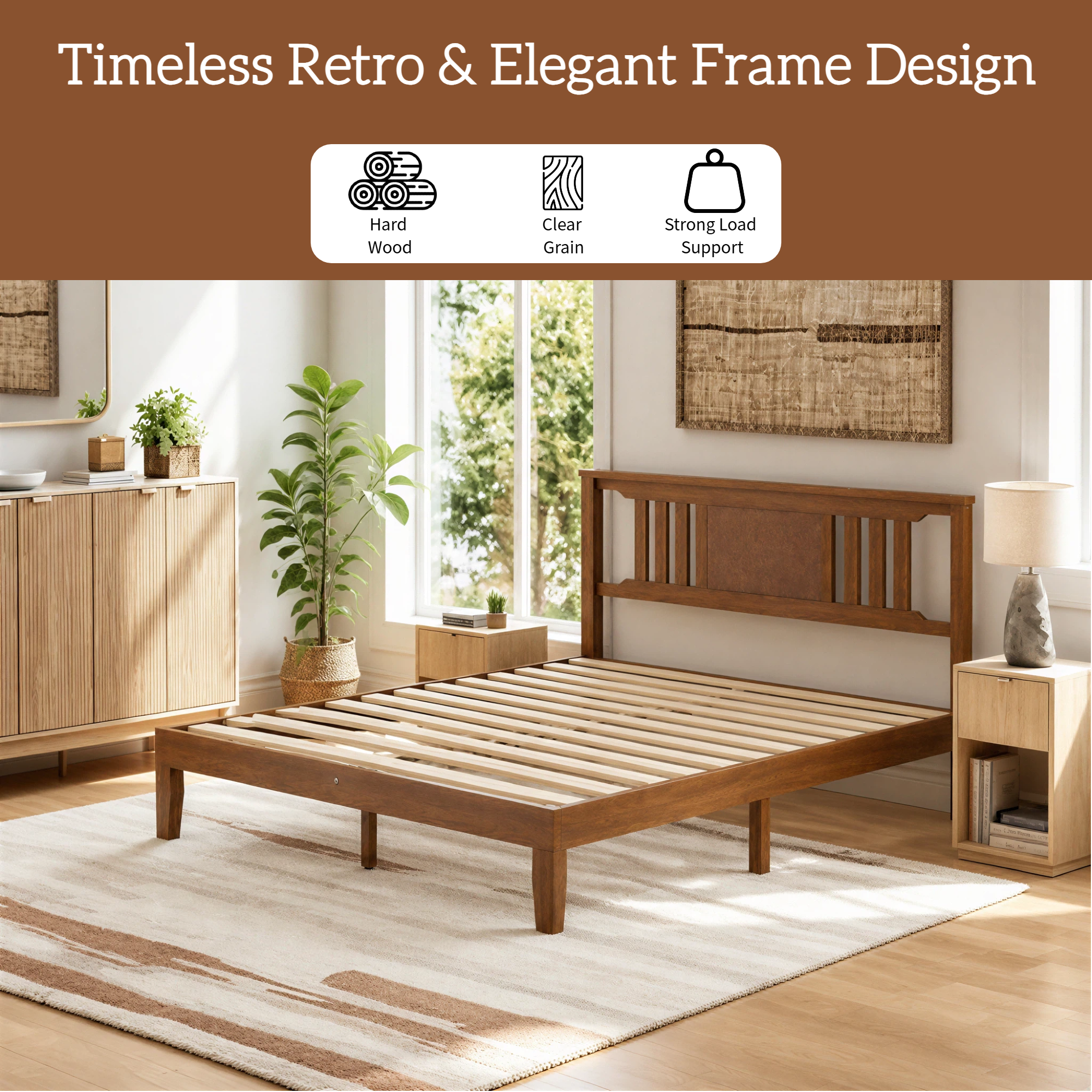 Roomisland Full Size Platform Bed Frame with Headboard, 12 Inch Heavy Duty Wooden Bed Frame, No Box Spring Needed, Under Bed Storage, Easy Assembly, Walnut