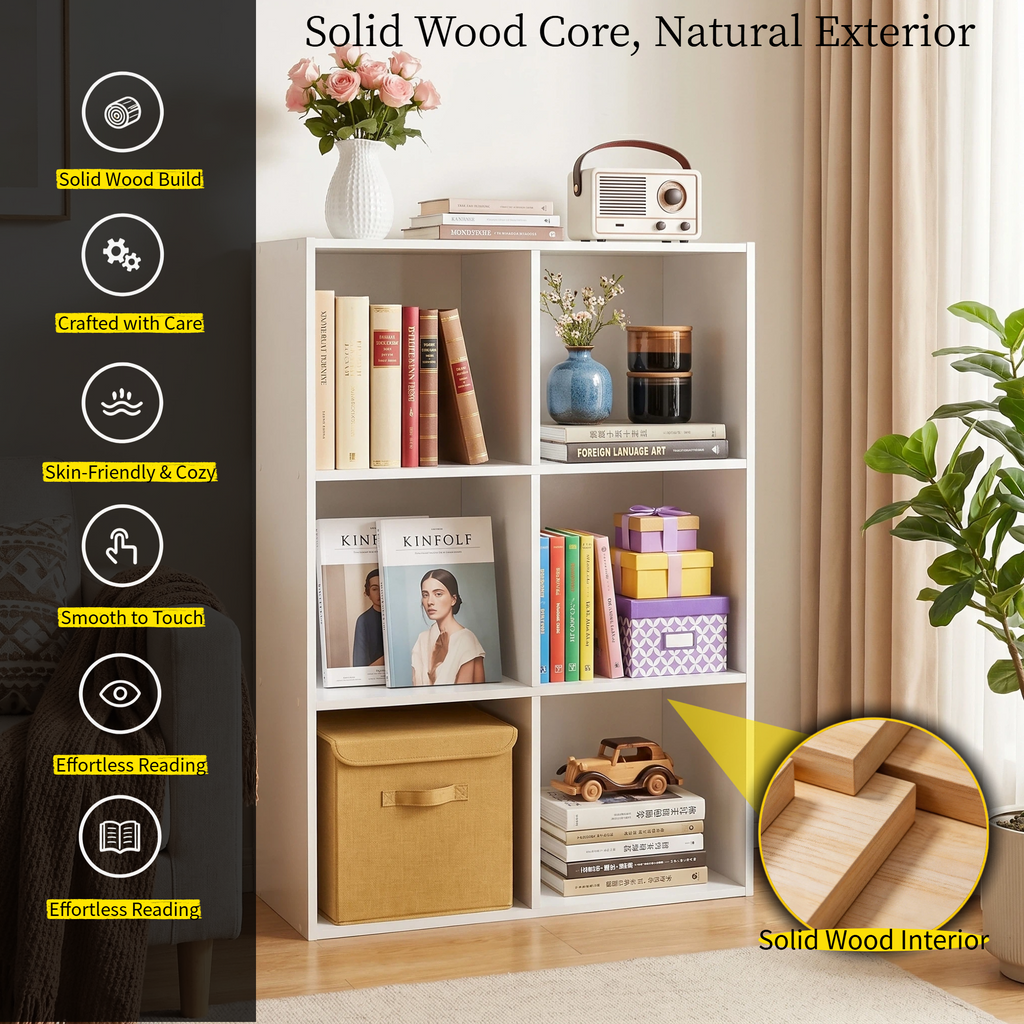 Roomisland 6 Cube Storage Organizer, Wood Bookshelf with Removable Back Panels, Open Cubby Shelf for Home Office Bedroom Living Room, Vertical or Horizontal