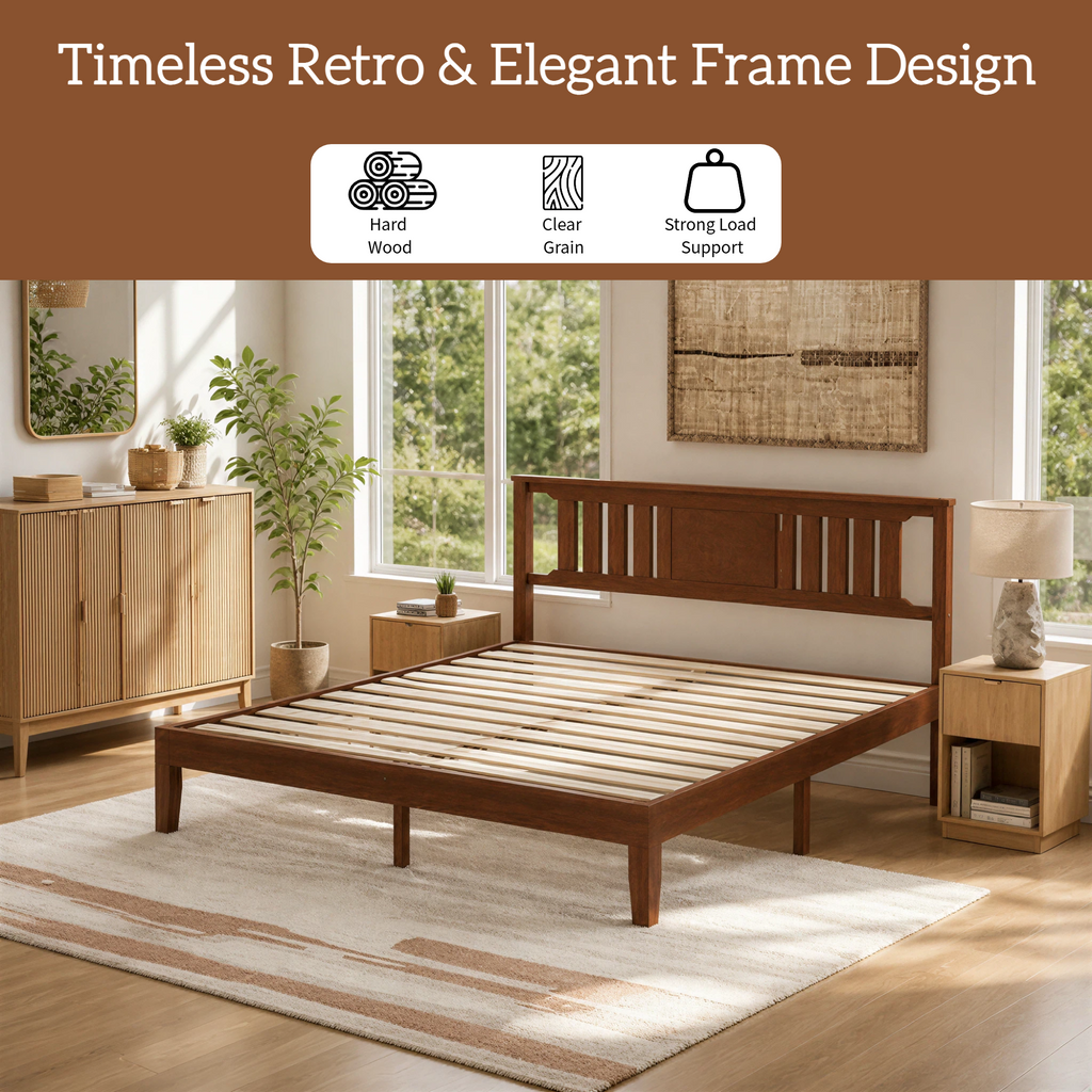 Roomisland Kind Size Platform Bed Frame with Headboard, 12 Inch Heavy Duty Wooden Bed Frame, No Box Spring Needed, Under Bed Storage, Easy Assembly, Walnut