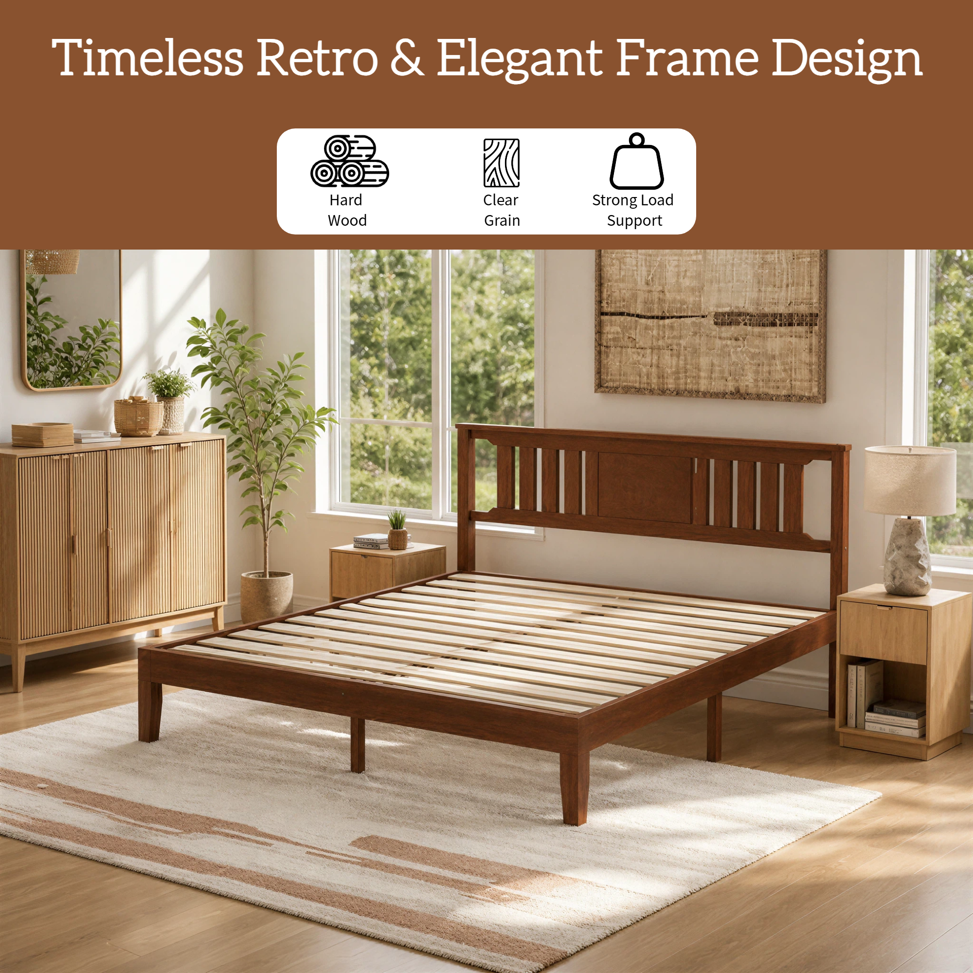 Roomisland Kind Size Platform Bed Frame with Headboard, 12 Inch Heavy Duty Wooden Bed Frame, No Box Spring Needed, Under Bed Storage, Easy Assembly, Walnut