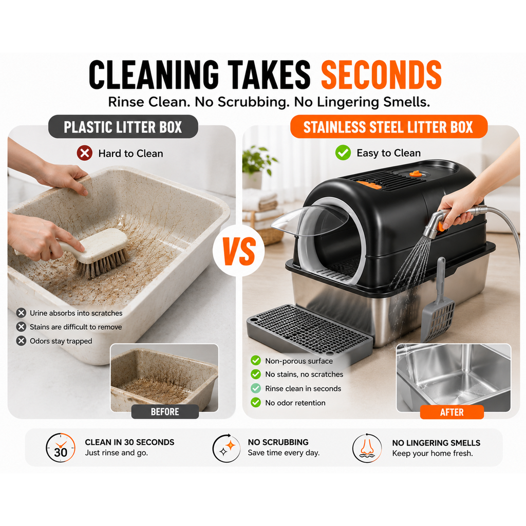Roomisland Stainless Steel Litter Box with Lid, 3 in 1 Covered Metal Cat Litter Box,High Sided Anti-Leak Cat Box with Scoop & Mat, Front & Top Entry Easy Cleaning