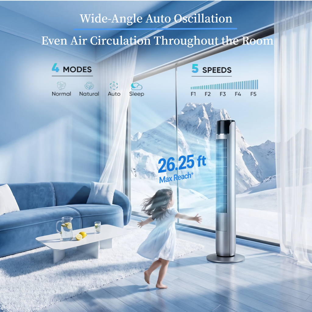 Roomisland 36" Quiet Tower Fan, Standing Bladeless Floor Fan with 60° Oscillation, 25ft Air Delivery, LED Display, 12 Hour Timer, 5 Speed 4 Mode Cooling Fan with Remote