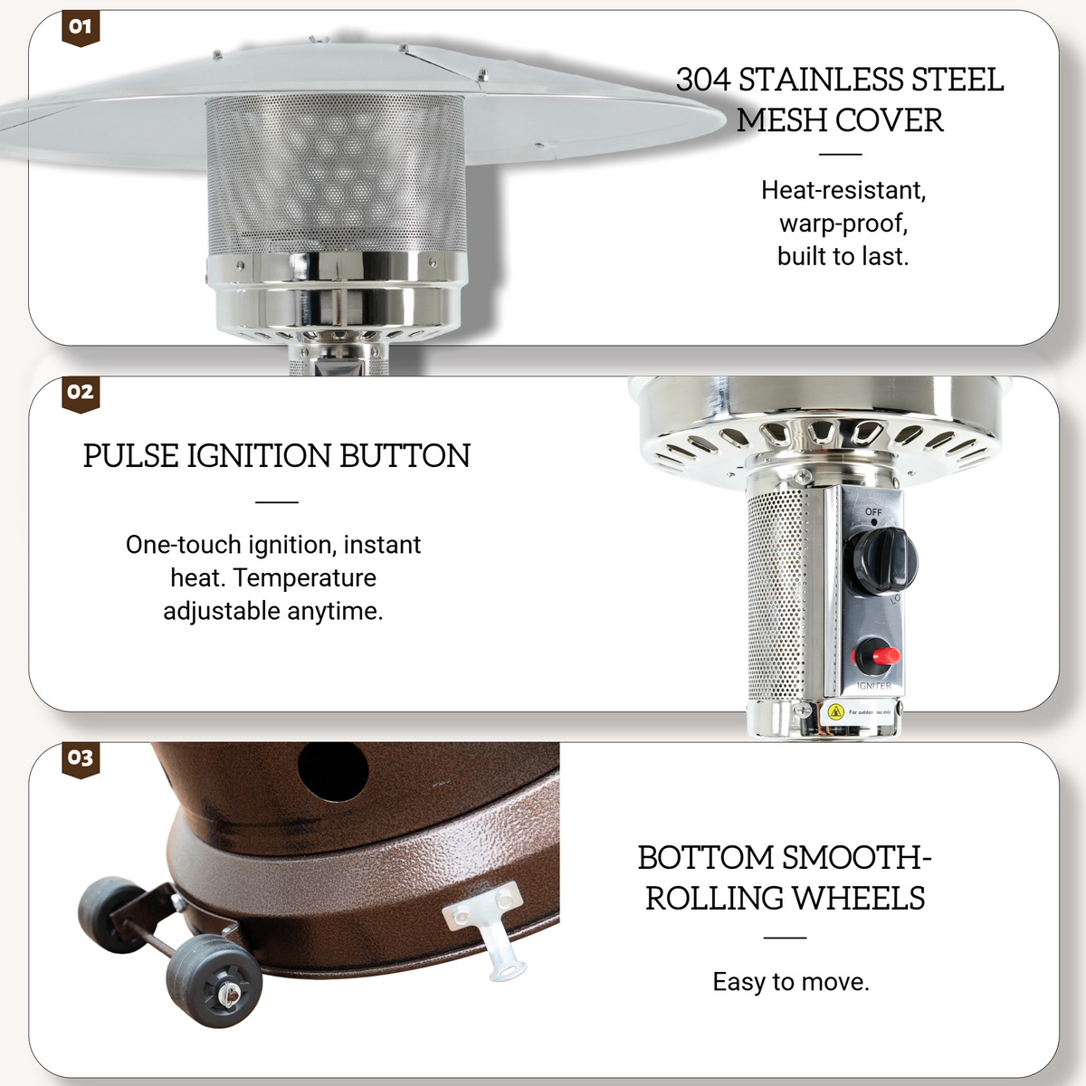Roomisland 48000 BTU Outdoor Propane Heater with Round Table Design, Weighted Patio Heater on Wheels, Double-Layer Stainless Burner, Windproof Auto-Off for Backyard Deck Garden