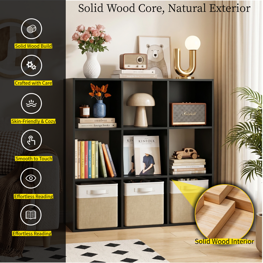 Roomisland 9 Cube Storage Organizer, Wood Bookshelf with Removable Back Panels, Open Cubby Shelf for Home Office Bedroom Living Room, Vertical or Horizontal