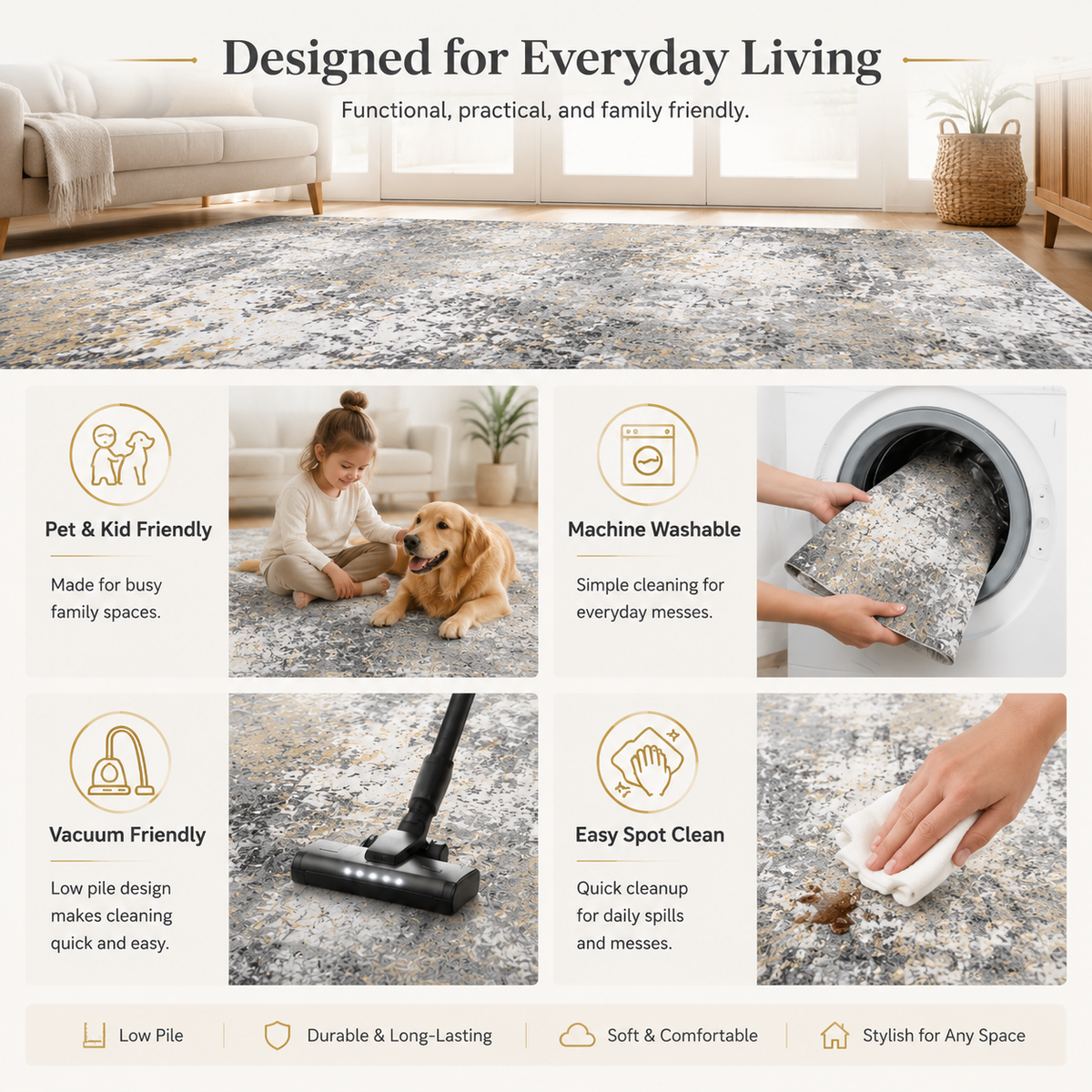 Roomisland 2x5ft Kitchen Runner Rug Washable, Non Slip Hallway Floor Mat for Entryway Laundry, Low Profile Rugs Carpet with Rubber Backing for Indoor Bedroom Kitchen Living Room