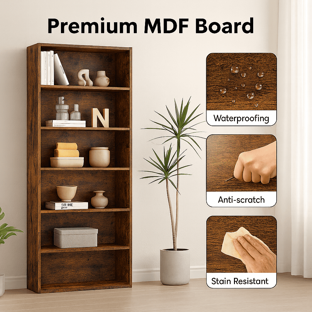 Bookshelf, 6-Tier Bookcase, Wooden Book Shelf, Open Storage Shelf, 9.4 x 23.6 x 52.8 Inches, for Living Room, Home Office, Dinning Room, Rustic Brown