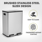 16 Gallon (30L x 2) Dual Compartment Step Trash Can, with Slow-Close Lids, Plastic Inner Buckets, Hands-Free, Easy to Clean, Stainless Steel for Kitchen, Bedroom, Living Room