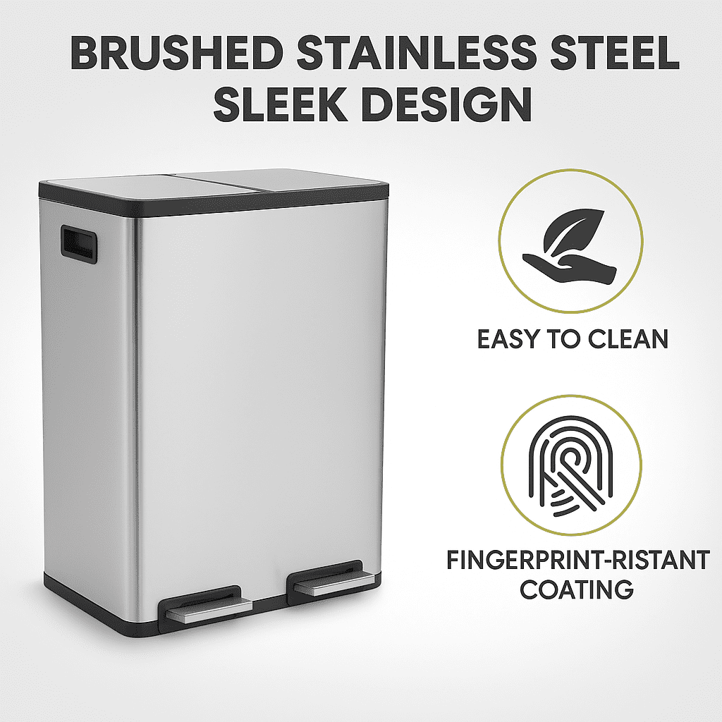 16 Gallon (30L x 2) Dual Compartment Step Trash Can, with Slow-Close Lids, Plastic Inner Buckets, Hands-Free, Easy to Clean, Stainless Steel for Kitchen, Bedroom, Living Room