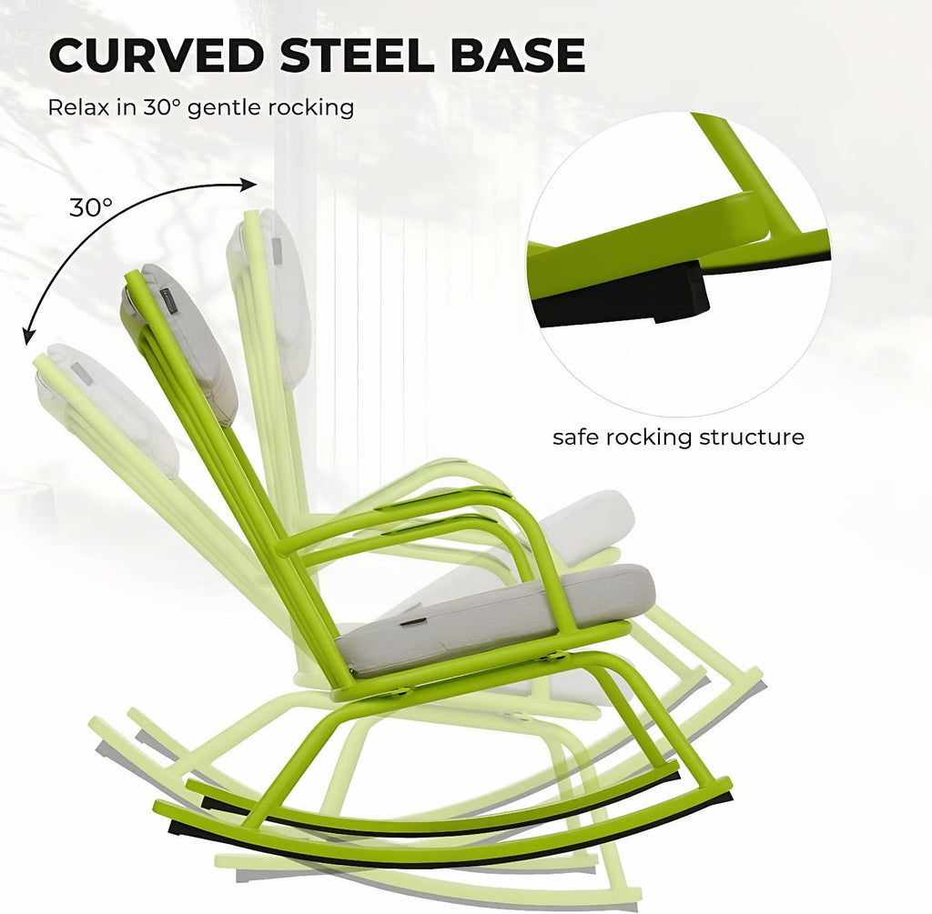 3-PieceOutdoor Rocking Chairs Set for 2 with Thick Cushions and 18-inch Small Round Table, Steel Patio Conversation Set for Backyard, Porch, Deck - Easy Assembly Lime Green