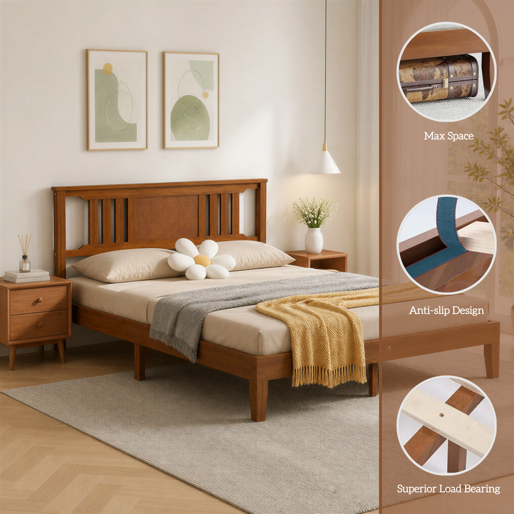 Roomisland Queen Size Platform Bed Frame with Headboard, 12 Inch Heavy Duty Wooden Bed Frame, No Box Spring Needed, Under Bed Storage, Easy Assembly, Walnut