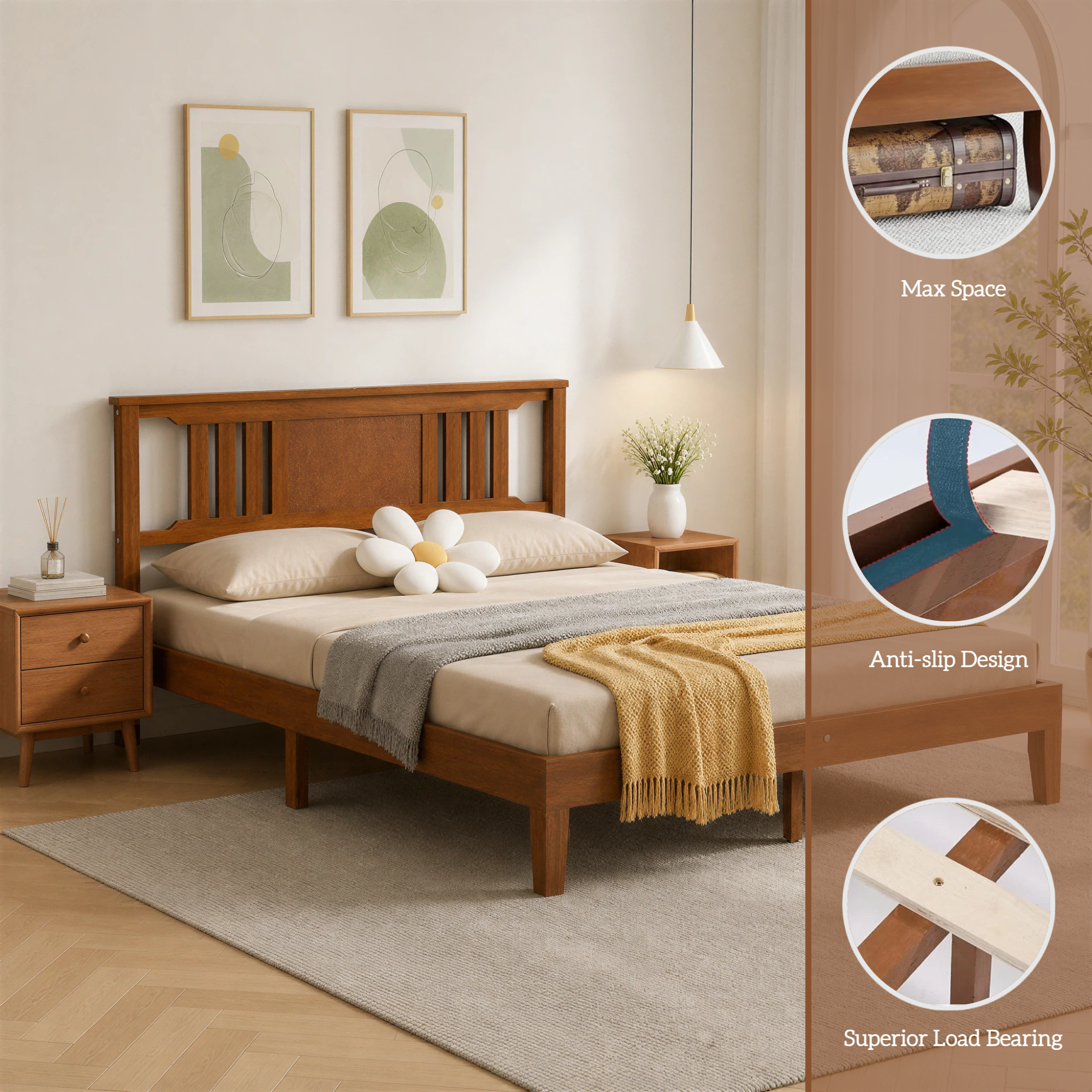 Roomisland Queen Size Platform Bed Frame with Headboard, 12 Inch Heavy Duty Wooden Bed Frame, No Box Spring Needed, Under Bed Storage, Easy Assembly, Walnut
