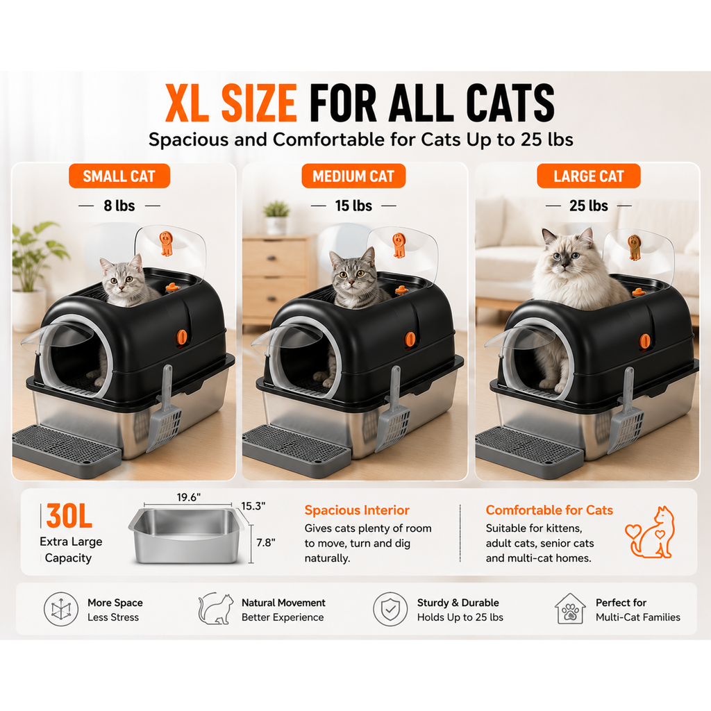 Roomisland Stainless Steel Litter Box with Lid, 3 in 1 Covered Metal Cat Litter Box,High Sided Anti-Leak Cat Box with Scoop & Mat, Front & Top Entry Easy Cleaning