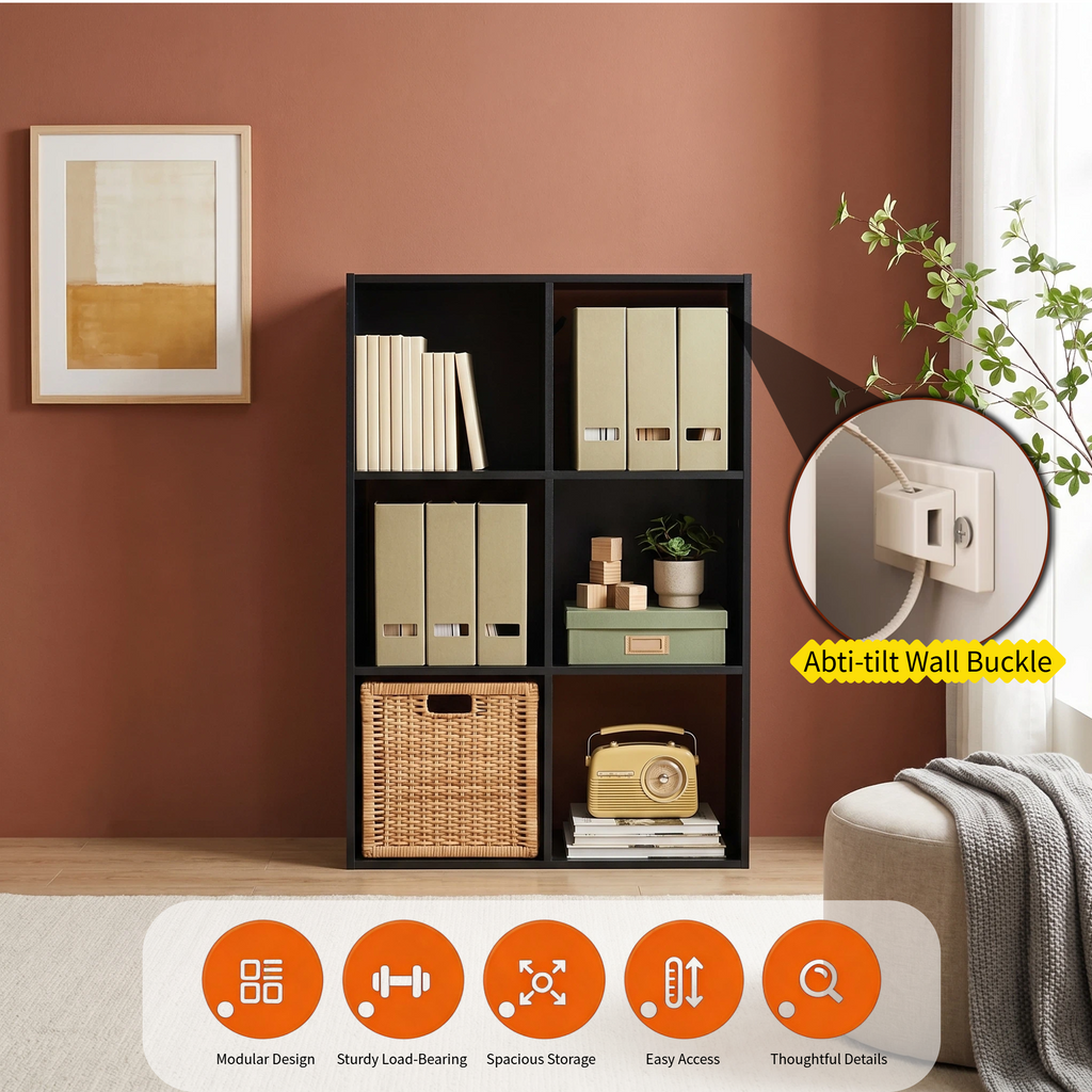 Roomisland 6 Cube Storage Organizer, Wood Bookshelf with Removable Back Panels, Open Cubby Shelf for Home Office Bedroom Living Room, Vertical or Horizontal