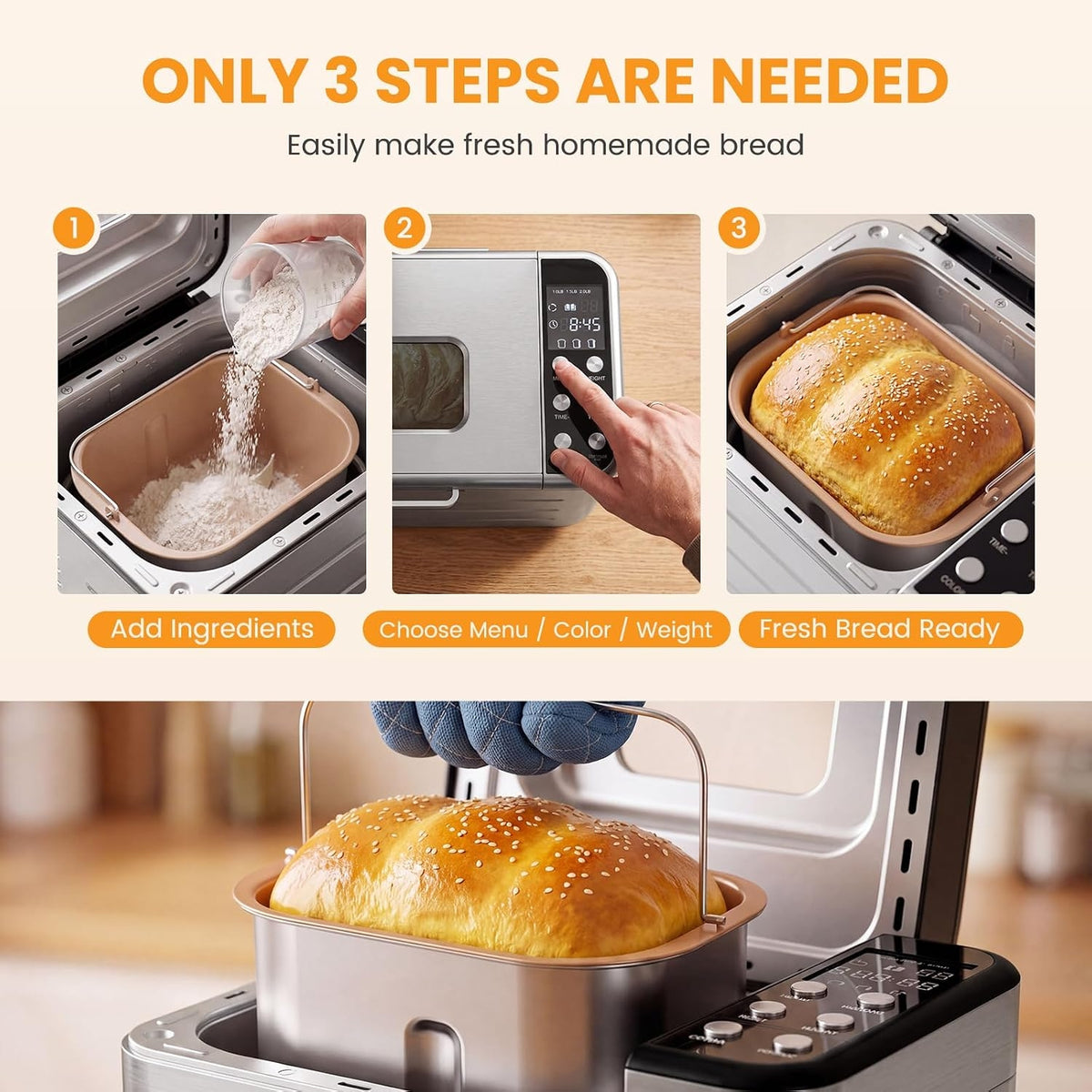 Roomisland Bread Maker Machine 21-in-1, 2LB Automatic Bread Machine with 360°Powerful Circulation Baking, Auto Nut Dispenser, 3 Loaf Sizes, Smart Touch Panel