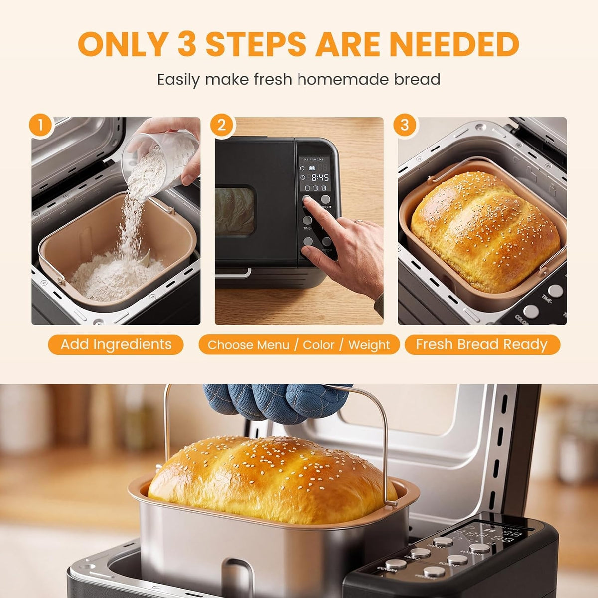 Roomisland Bread Maker Machine 21-in-1, 2LB Automatic Bread Machine with 360°Powerful Circulation Baking, Auto Nut Dispenser, 3 Loaf Sizes, Smart Touch Panel