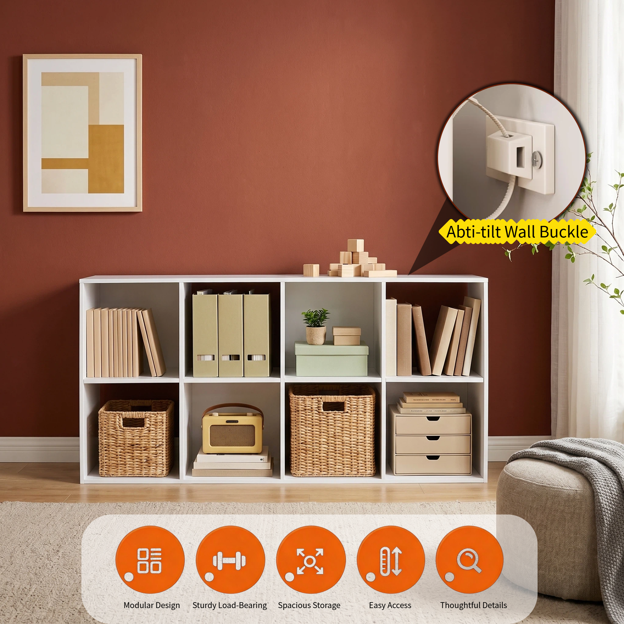 Roomisland 8 Cube Storage Organizer, Wood Bookshelf with Removable Back Panels, Open Cubby Shelf for Home Office Bedroom Living Room, Vertical or Horizontal