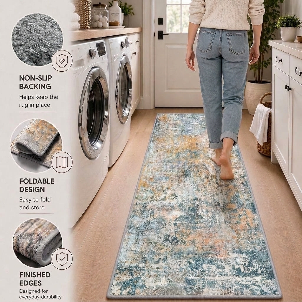 Roomisland Modern Abstract Area Rug 2x3, Machine Washable Small Kitchen Mat with Rubber Backing, Low Profile Floor Carpet for Bathroom Door, Modern Abstract Neutral Design