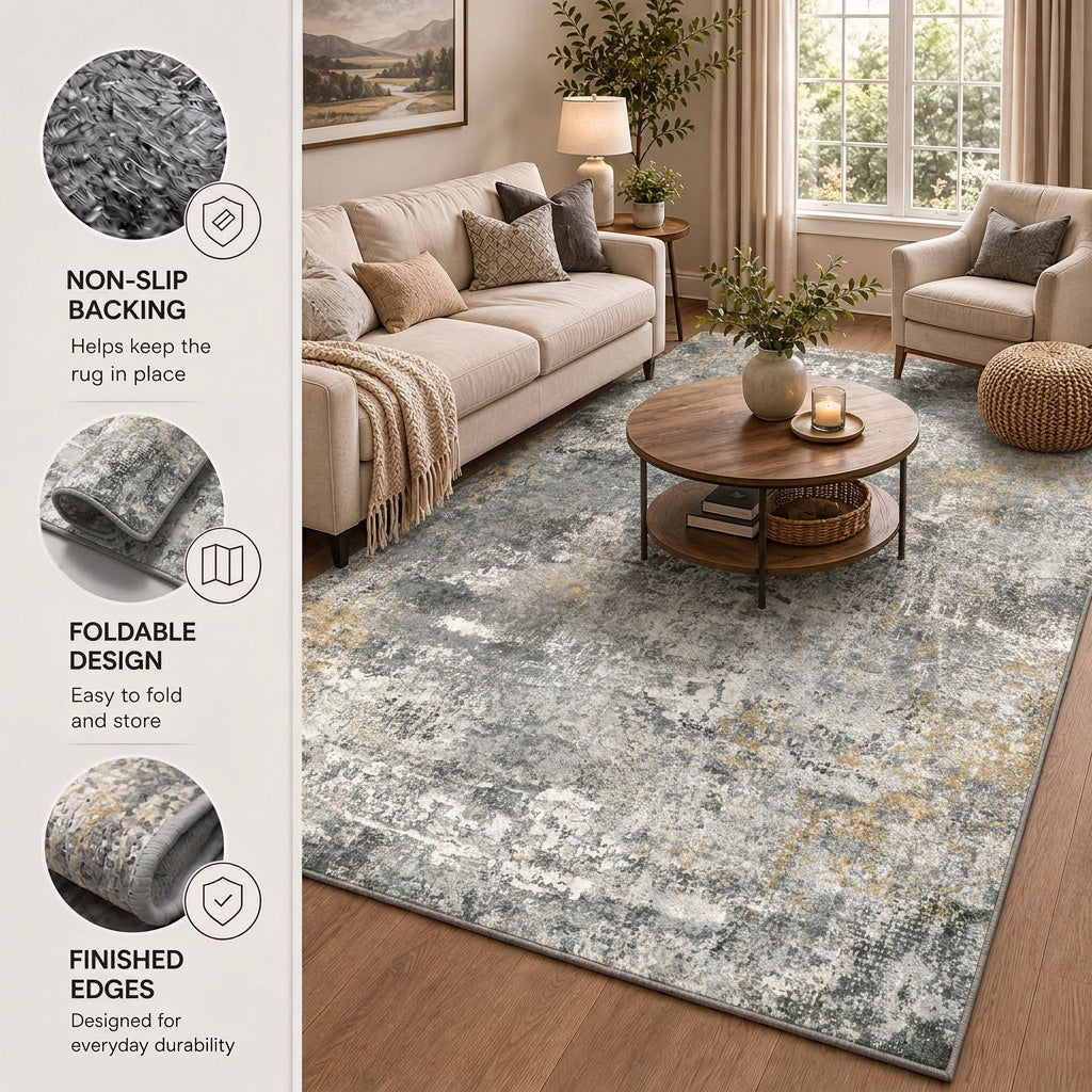Roomisland Area Rugs 5x7FT Washable for Living Room, Non Slip Modern Abstract Carpet Stain Resistant Soft Low Pile Indoor Floor Rug for Bedroom Kitchen Home Office