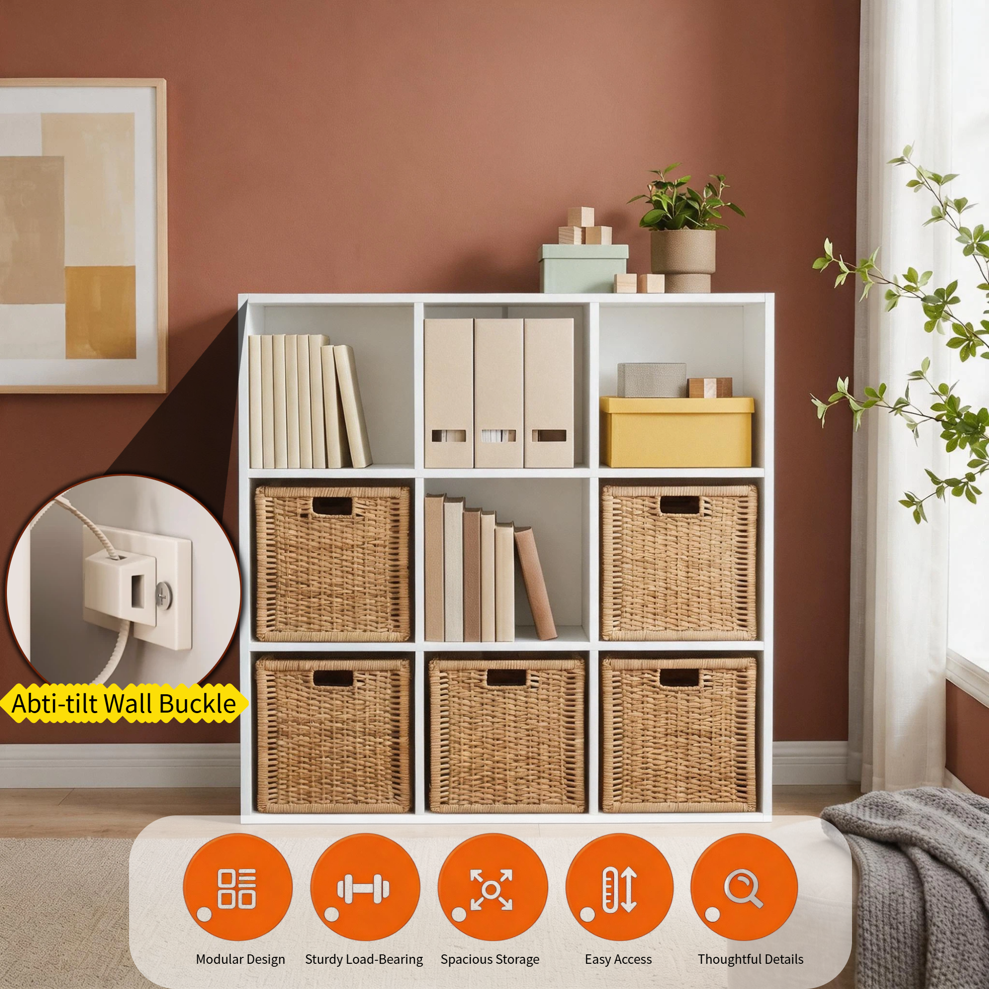 Roomisland 9 Cube Storage Organizer, Wood Bookshelf with Removable Back Panels, Open Cubby Shelf for Home Office Bedroom Living Room, Vertical or Horizontal