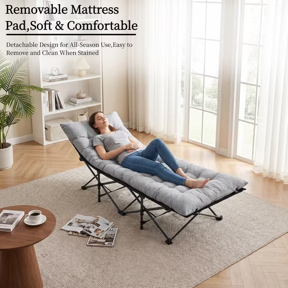Roomisland Folding Camping Cot 500lbs Capacity, Portable Folding Bed, Rollaway Bed with 3.5'' Mattress for Adults Indoor Outdoor, Quick Setup Compact Storage