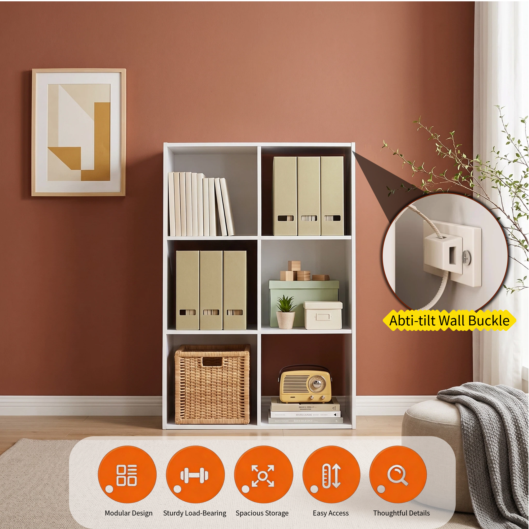 Roomisland 6 Cube Storage Organizer, Wood Bookshelf with Removable Back Panels, Open Cubby Shelf for Home Office Bedroom Living Room, Vertical or Horizontal