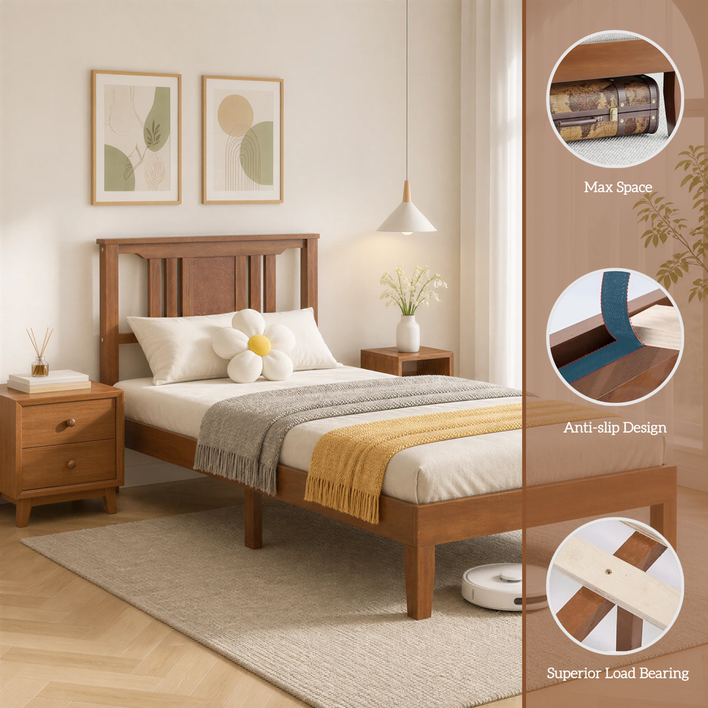 Roomisland Twin Size Platform Bed Frame with Headboard, 12 Inch Heavy Duty Wooden Bed Frame, No Box Spring Needed, Under Bed Storage, Easy Assembly, Walnut