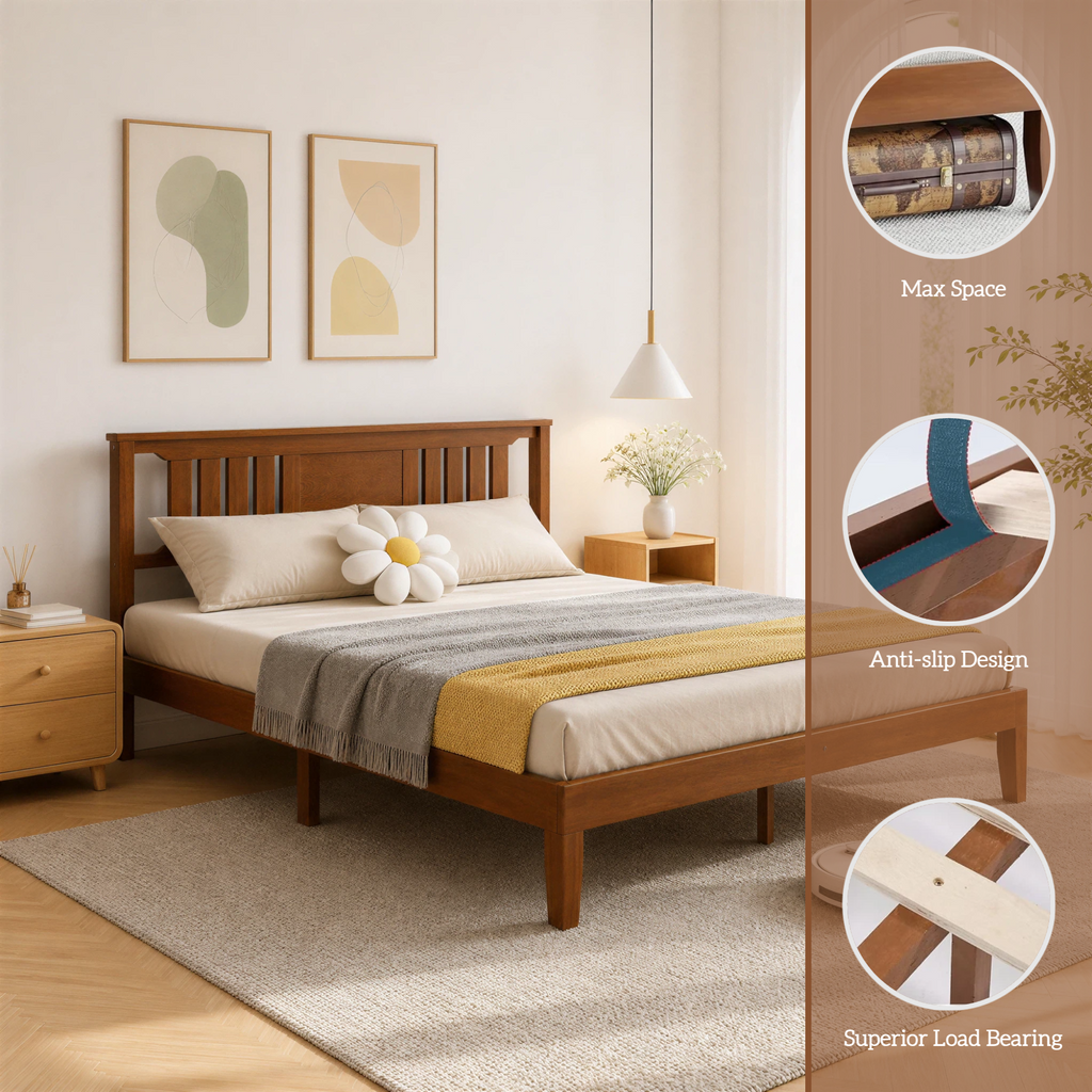 Roomisland Kind Size Platform Bed Frame with Headboard, 12 Inch Heavy Duty Wooden Bed Frame, No Box Spring Needed, Under Bed Storage, Easy Assembly, Walnut