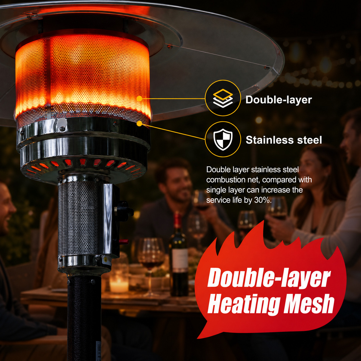 Roomisland 48000 BTU Outdoor Propane Heater with Sand Box Anti-Tip Base, Weighted Patio Heater on Wheels, Double-Layer Stainless Burner, Windproof Auto-Off for Backyard Deck Garden