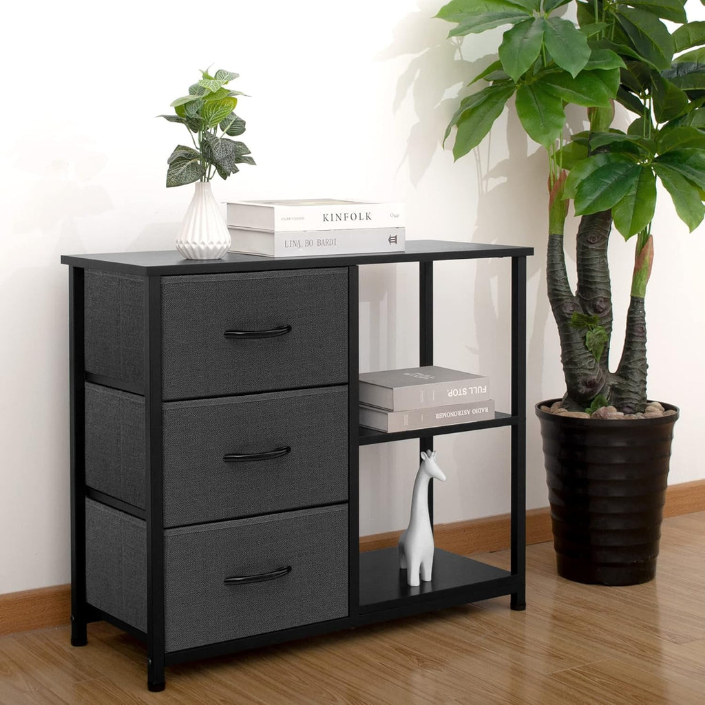 3 Drawer Nightstand for Bedroom,Fabric Dresser with Wood Top and Shelves, Chest of Drawer Organizer Storage Cabinet, Bedside Table, Grey