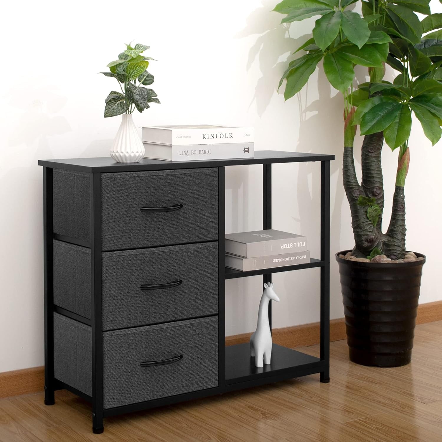 3 Drawer Nightstand for Bedroom,Fabric Dresser with Wood Top and Shelves, Chest of Drawer Organizer Storage Cabinet, Bedside Table, Grey